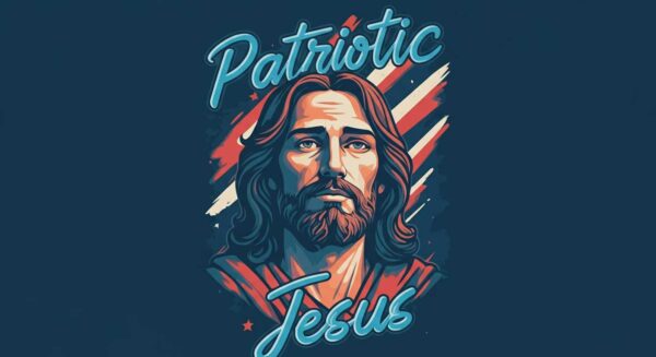 Faith and freedom shirt with Jesus artwork layered over a distressed American flag print.