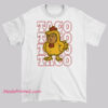 Cartoon illustration of Donald Trump’s head on a yellow chicken body, with the word “TACO” repeated in bold red outline lettering as the background.