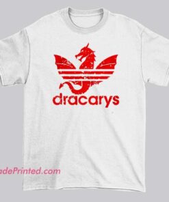 Funny Design Adidas Parody Dracarys Shirt featuring a fiery dragon parody inspired by the Adidas three-stripes logo. Bold streetwear graphic tee for fantasy fans and parody logo lovers.