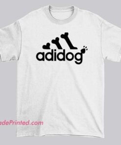 Inspired Bones Adidog Adidas Parody Shirt featuring a playful skeletal dog design inspired by the classic three stripes. Funny parody logo streetwear tee for Adidas parody fans.