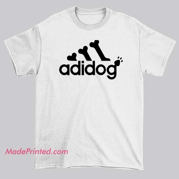Inspired Bones Adidog Adidas Parody Shirt featuring a playful skeletal dog design inspired by the classic three stripes. Funny parody logo streetwear tee for Adidas parody fans.