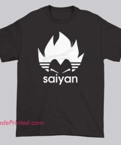 Inspired Saiyan Parody Logo Adidas Shirt featuring a bold Saiyan silhouette styled in a parody of the Adidas three-stripe design. Fun anime streetwear for parody logo fans.