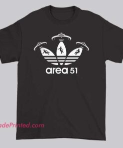Inspired UFO Alien 51 Adidas Parody Shirt featuring a playful alien graphic with a twist on the Adidas three-stripes aesthetic. Fun streetwear parody for sci-fi and meme fans.