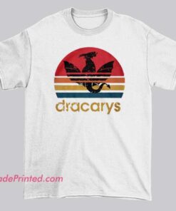 Retro Dragon Dracarys Logo Shirt featuring a bold fire-breathing dragon parody inspired by the Adidas three-stripes style. Funny Adidas parody streetwear tee for fans of dragons and parody logos.