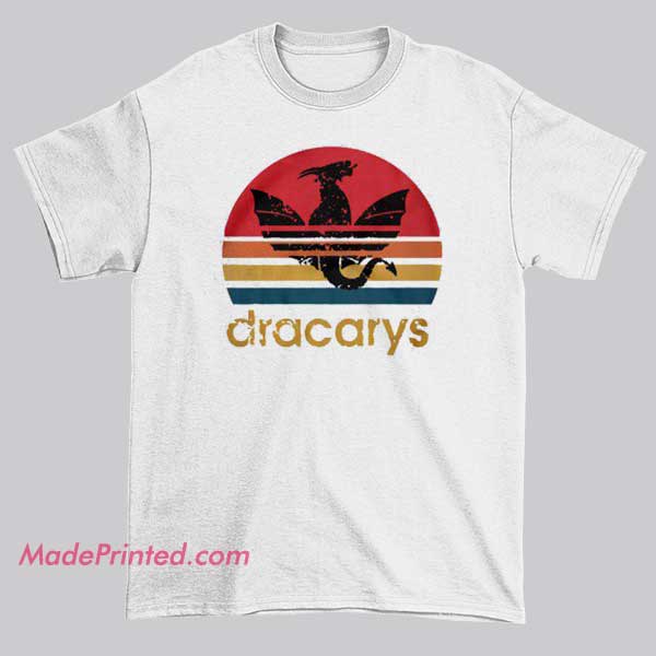 Retro Dragon Dracarys Logo Shirt featuring a bold fire-breathing dragon parody inspired by the Adidas three-stripes style. Funny Adidas parody streetwear tee for fans of dragons and parody logos.