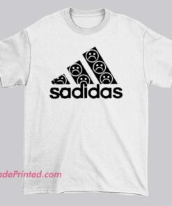 Sad Emoji Sadidas Shirt Adidas Meme featuring a playful parody of the Adidas logo with a sad-face twist, humorous streetwear vibe, and bold parody logo and brands aesthetic for meme lovers.