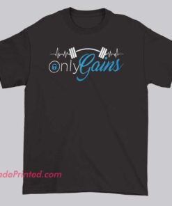 Inspired Heartbeat Only Gains Gym Workout Shirt with fitness heartbeat graphic on cotton short sleeve tee, gym motivation apparel in black or white athletic workout shirt